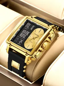 Men's Casual Fashion Square Dial Digital Analog Quartz Watch, Modern Fashionable Wristwatch, Fashion Waterproof Watch for Party, Trendy All-match & Exquisite Watch for Gift with Box