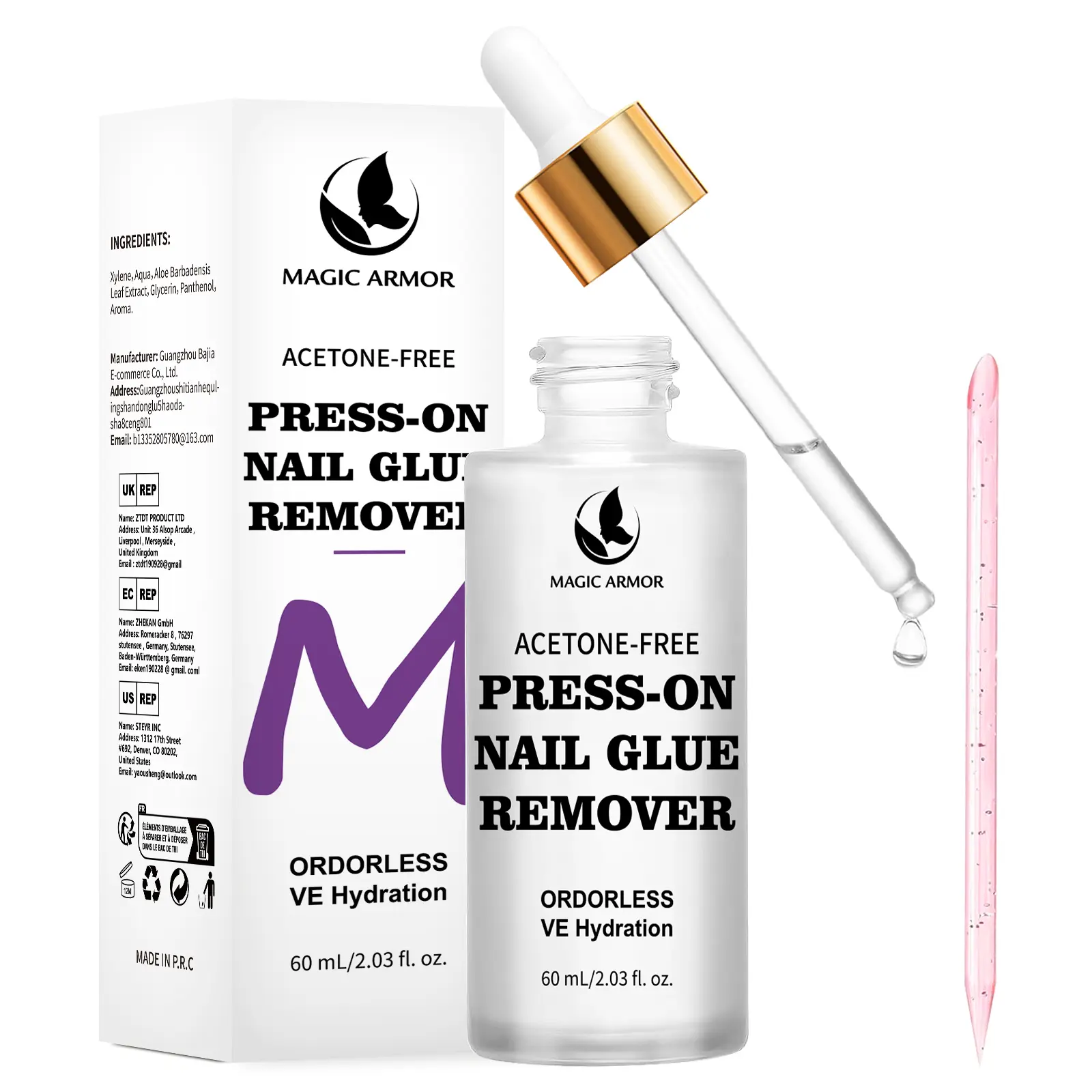 Magic Armor Acetone-Free Nail Glue Remover for Press on Nails, Debonder with 1 sticks, Easy with a Dropper, Updated Formula with VE hydration, Acetone-free for Fake Nails,Semi Cured Stickers 60 ml