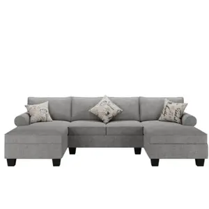 3pcs Chenille Sectional U Shaped Sofa+Double Chaises Rolled Arm w/3 Pillows Grey