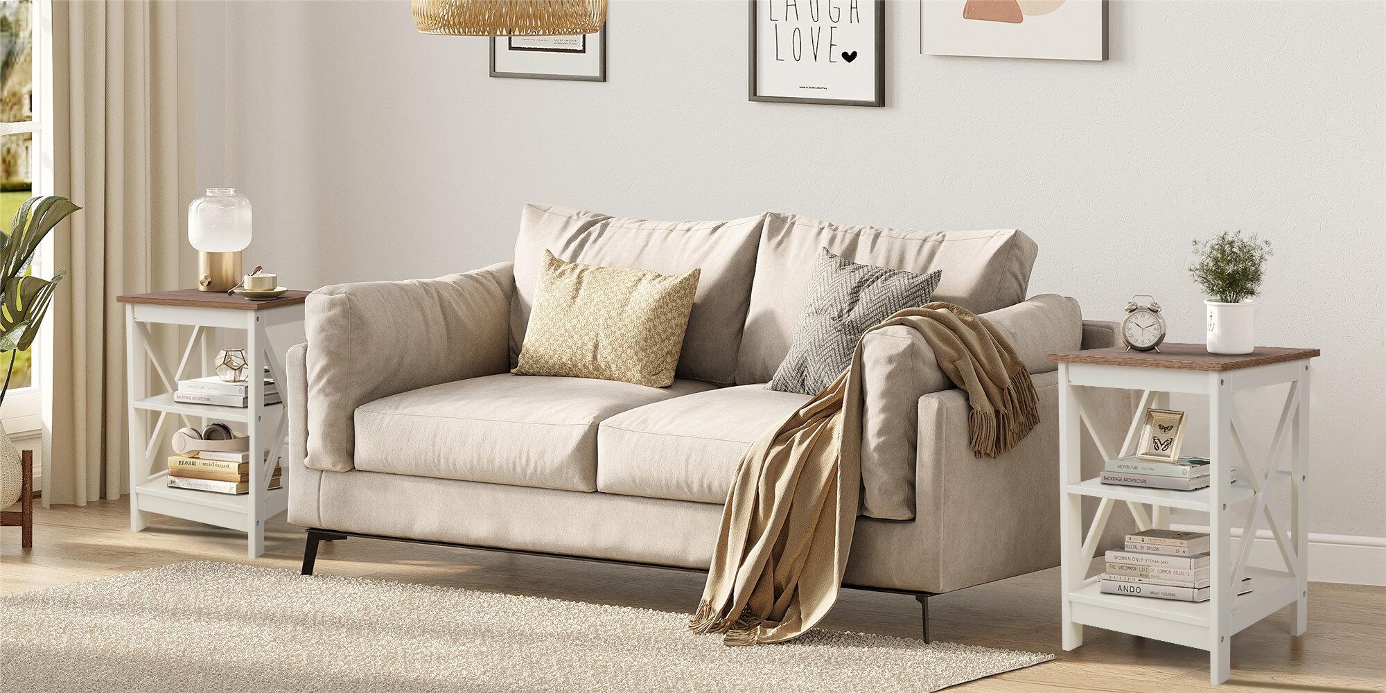 [Live] PHI VILLA End Table - Farmhouse Coffee Table with X-Shaped Design, Versatile Storage For Living Room Shelf Decoration Minimalist