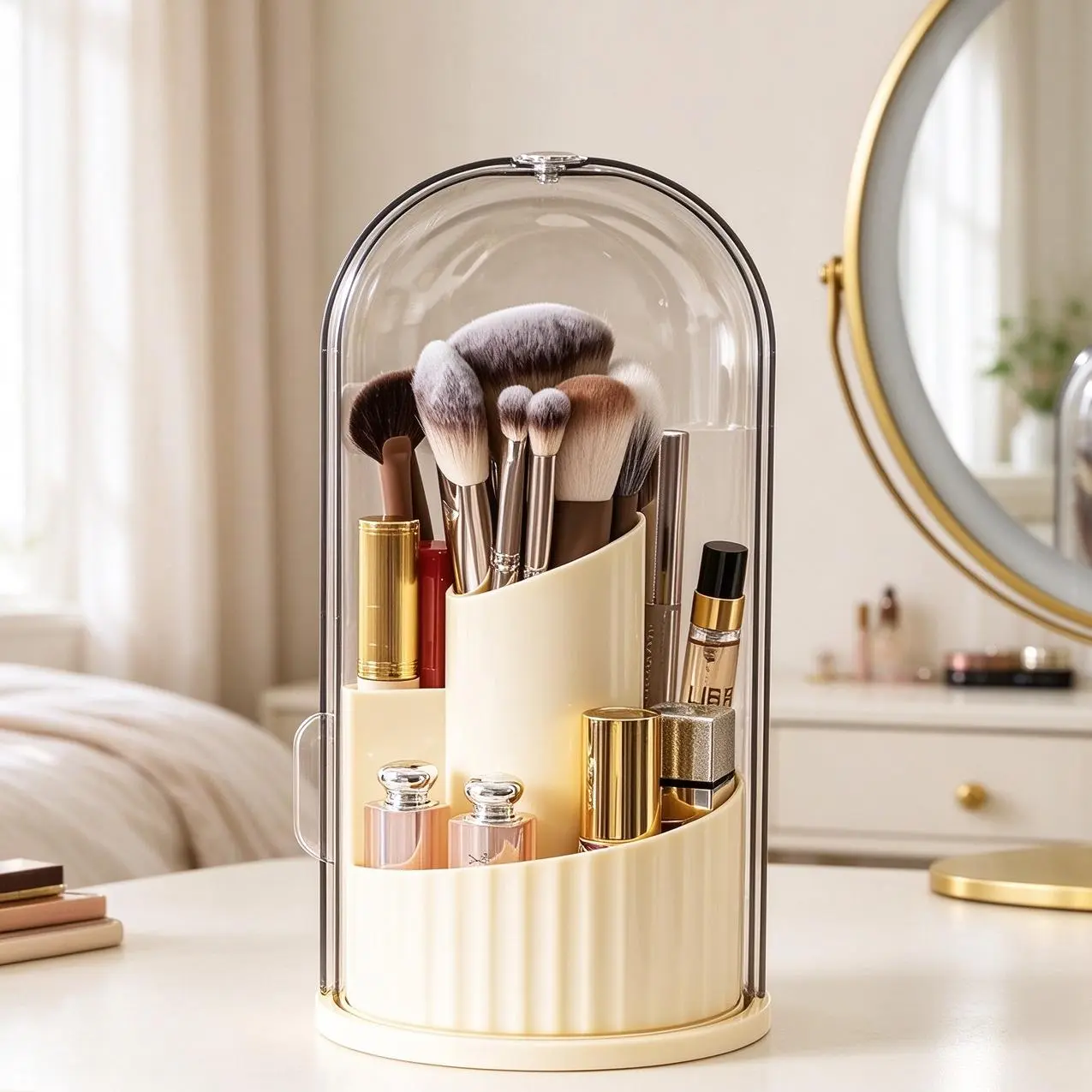 Dustproof Toothbrush Holders with Cover, 360 Degree Rotating Cosmetics Storage Box, Pen Holder, Makeup Brush Organizer, Dustproof Acrylic Lid, Suitable for Dressing Table, Bathroom And Countertop,Back to School School Supplies