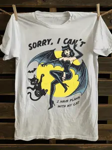 Men'S T-Shirt Made of 100% Featuring a Gothic Punk Rock Style - Adorned with a Vampire Bat And Cat Design Along with The Phrase SORRY I CAN'T, Designed with Bat Wings - Casual Plus Size Short Sleeve Round Neck Tee Ideal for Heavy Metal Enthusiasts A