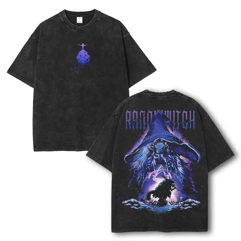 Men's Rannie The Witch Elden Ring Print T-Shirt - Retro Vintage Acid Washed Heavyweight Cotton, Unisex Oversize Short-Sleeve Streetwear Apparel, Classic Casual Graphic Menswear Top, Shortsleeve, Fabric, Soft, Oversized, Round Neck