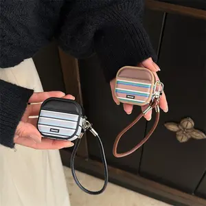 Blue brown stripe | Same color short rope | Magnetic leather headphone cover | Best friend gift | Suitable for AirPods 2 3 4 Pro Pro2 Pro3 | Earbuds Gift
