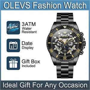 OLEVS 6715 Men's Full Black Stainless Steel Automatic Mechanical Watch, Skeleton Sports Wristwatch,  Week Display, Luminous Hands, 3ATM Water Resistant Fashion Dress Timepiece, Premium Business & Outdoor Gift for Gentlemen