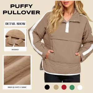 Imily Bela Womens Puffer Pullover Jacket Winter Quilted Hoodies Contrast Trim Hooded Puffy Coat Outerwear with Pockets