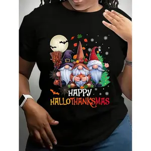 Men's Soft Slim Fit Black Cotton T-Shirt Happy Hallothanksmas Gnomes Design With Festive Halloween & Christmas Theme, Perfect For Outdoor Activities And Casual Attire