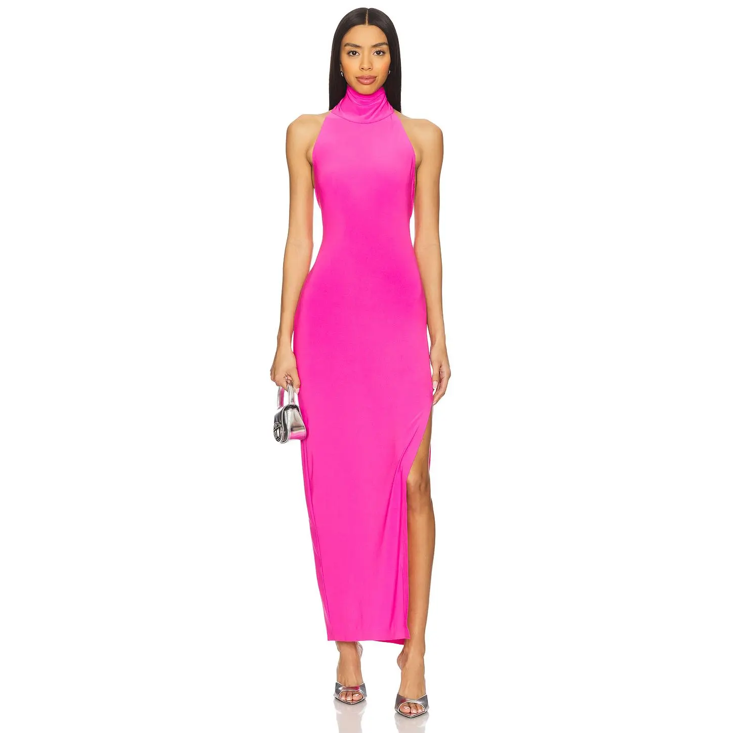 Norma Kamali x REVOLVE Halter Turtleneck Side Slit Gown in Orchid Pink