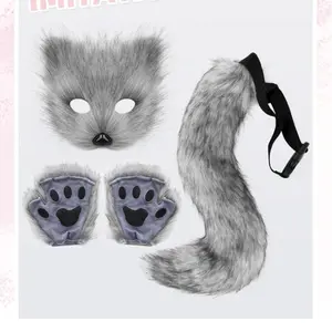 3-Piece Fox Mask Glove Tail Set, Plush Masks and Finger Gloves, Perfect for Carnival Halloween Costumes, Ideal for Easter Celebrations, Accessories