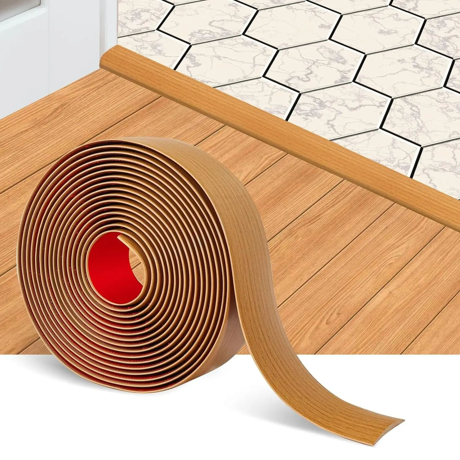 Self Adhesive Vinyl Floor Transition Strip 2" W, Peel and Stick Doorway Threshold Divider Strip, Elegant Wood Grain Design, 5cm x 3.3Ft, Light Brown