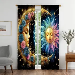 2 Piece Moon Star Print Curtains, Half Light Blocking Polyester, Suitable for Bedroom Living Room Dining Kitchen Year-Round Window Decor