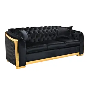 [SOIYELIFE] Velvet Luxury Chesterfield Sofa Set, 84 Inches Tufted 3 Seat Couch with Gold Stainss for Living Room, Black Fabric cofy  sofa
