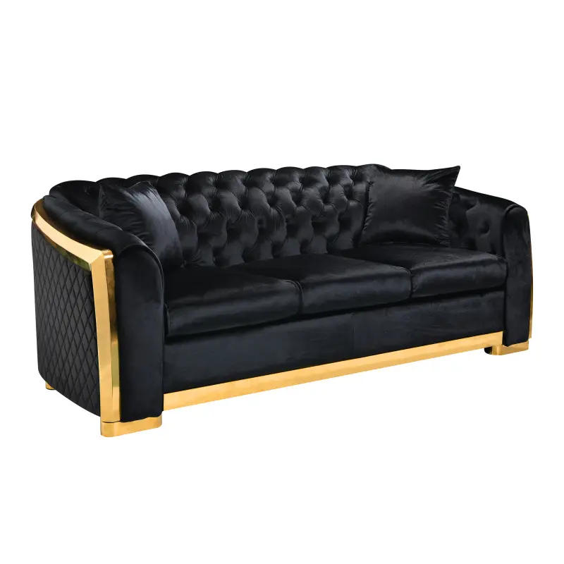 3-Seat Italian Velvet Chesterfield Sofa, 81.10x33.50x31.90 in Tufted Detail Couch with Stainless Steel Gold Accents, 1000 lbs Capacity, Glam Luxury Living Room Indoor Furniture