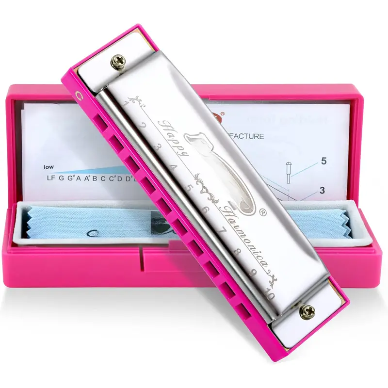 Blues Harmonica, Diatonic 10 Holes C Key Happy Harmonica Mouth Organ for Beginner,,,Students,,with Carrying Plastic Case,Clean Cloth and Manual