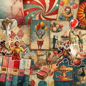 Vintage Funny Circus Clown Pattern Decorative Paper Set, 50pcs/set Scrapbooking & Journal Making Material Paper with Sticker Decal, Funny Stickers, DIY Decorative Paper for Crafts