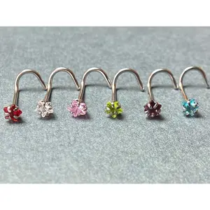 1pc Surgical Steel Nose Screw Ring w/Star Prong Set Gem 18g,20g - choose color