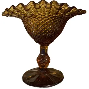 Vintage Jeanette Glass Diamond Point Ruffled Amber Compote