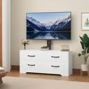 Modern Adjustable TV Stand Dresser - Fits 32-85 Inch TVs - 4 Large Drawers & 6-Drawer Rattan Storage - Media Console for Living Room or Bedroom