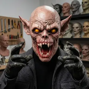 Scary Vampire Demon Full Head Mask, Realistic Latex Horror Mask with Sharp Fangs & Elf Ears, Halloween Cosplay, Themed Parties, Party Supplies