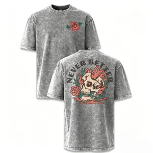 Old School Tattoo Style Skull & Red Rose Washed T-Shirt – Grunge Aesthetic Never Better Slogan Casual Gift Tee For Punk Lovers