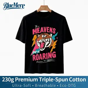 BlueMere Men's Ultra-Premium 230g Pure Cotton Short-Sleeve Top - A-FusedZero-Feel DTG Print Roaring Tiger Design, Soft, Casual, Loose, Eco-Friendly T-Shirt