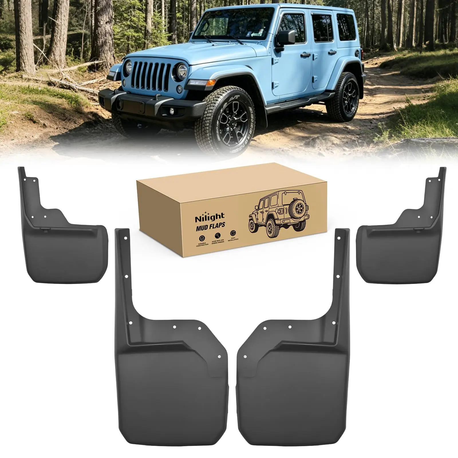 Nilight Mud Flaps Splash Guards Set for Jeep Wrangler JK 2007-2018, Front & Rear, No Drilling Precision Fit, Heavy Duty All Weather Protection