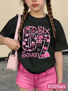 Girls' Black "Six Seven" 6 to 7 Birthday Matching Set, Pink Girly Elements (Lips, Butterflies, Flowers) Printed Design Apparel, Oversized Relaxed Fit Casual Outfit for 8-12 Years, Perfect for Birthday Parties, Casual Outings & Street Style, Versatile Use