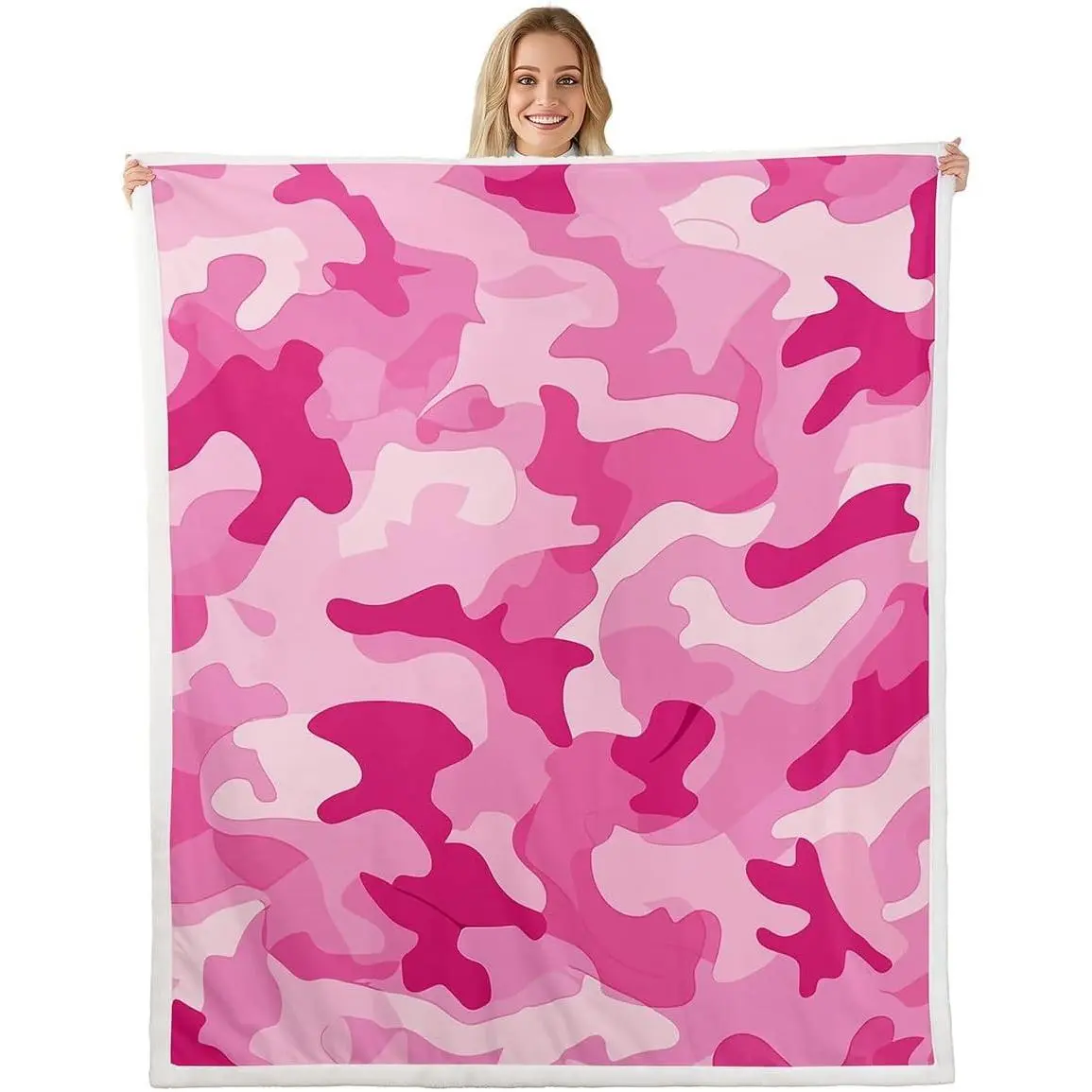 Pink and White Camo Throw Blanket,,Microfiber Sherpa Fleece,Modern Camouflage Design,Winter Blanket