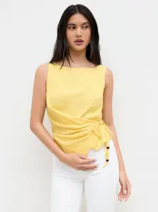 Linen-blend Beaded Knotted Ruched Tank Top