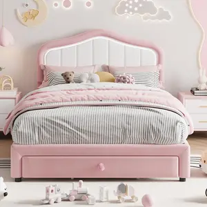 Twin/Twin XL Kids Princess Bed with LED Headboard & Storage Drawers, Sturdy Noise-Free Platform Bed