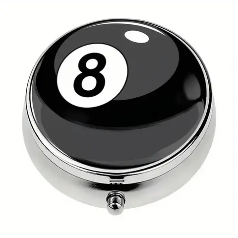 Magic 8-Ball Design Metal Pill Organizer, Medical Organizer, Supplement Organizer, 3 Compartment Portable Medicine Case, Food Safe & Durable, Pocket Size for Meds & Vitamins
