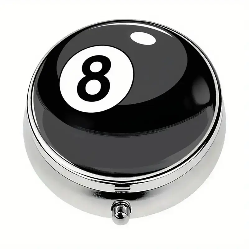 Magic 8-Ball Design Metal Pill Organizer, Medical Organizer, Supplement Organizer, 3 Compartment Portable Medicine Case, Food Safe & Durable, Pocket Size for Meds & Vitamins