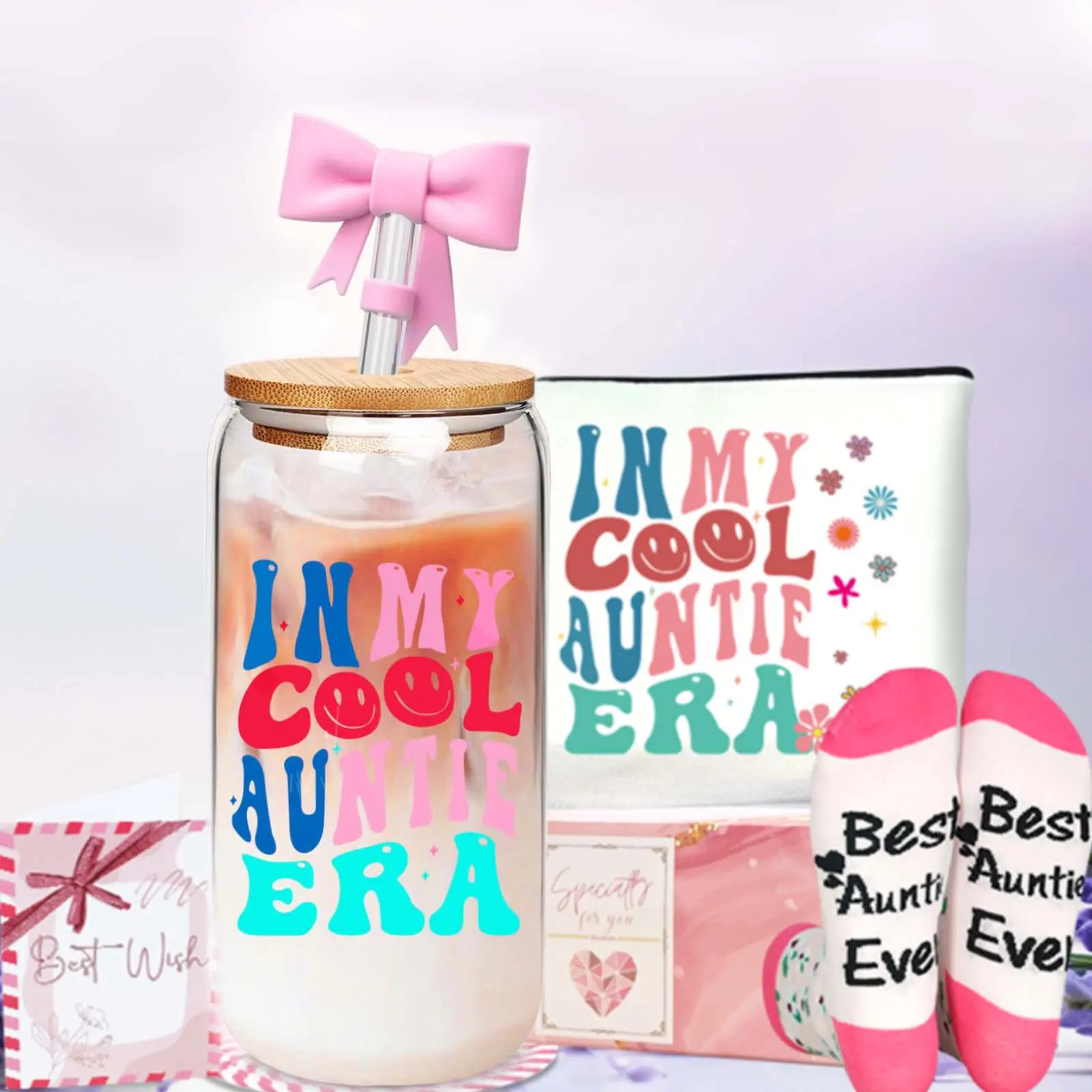 Auntie Gifts Set, In My Cool Auntie Era Iced Coffee Cups, Best Auntie Ever Socks, Makeup Bag, Greeting Card, 18 Oz Glass Tumbler, Gifts for Birthday, Mother's Day, New Aunt, and Pregnancy Announcement, Gifts for Aunt, Auntie Gift Ideas