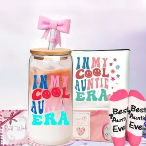 Auntie Gifts Set, In My Cool Auntie Era Iced Coffee Cups, Best Auntie Ever Socks, Makeup Bag, Greeting Card, 18 Oz Glass Tumbler, Gifts for Birthday, Mother's Day, New Aunt, and Pregnancy Announcement, Gifts for Aunt, Auntie Gift Ideas
