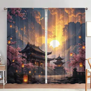 Chinese Style Garden Print Door Curtain, 1 Set Chinese Style Door Curtain, Home Decor for Living Room Bedroom, Room Divider Curtain