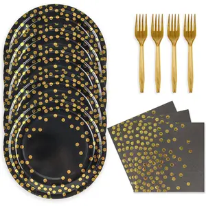 48PCS Black and Gold Plates and Napkins Party Supplies, Gold Dot Disposable Paper Plates, Napkins and Forks Tableware Set for 16 Guests, Elegant Birthday, Wedding, Retirement, Graduation Party Decorations and Celebration Dinnerware