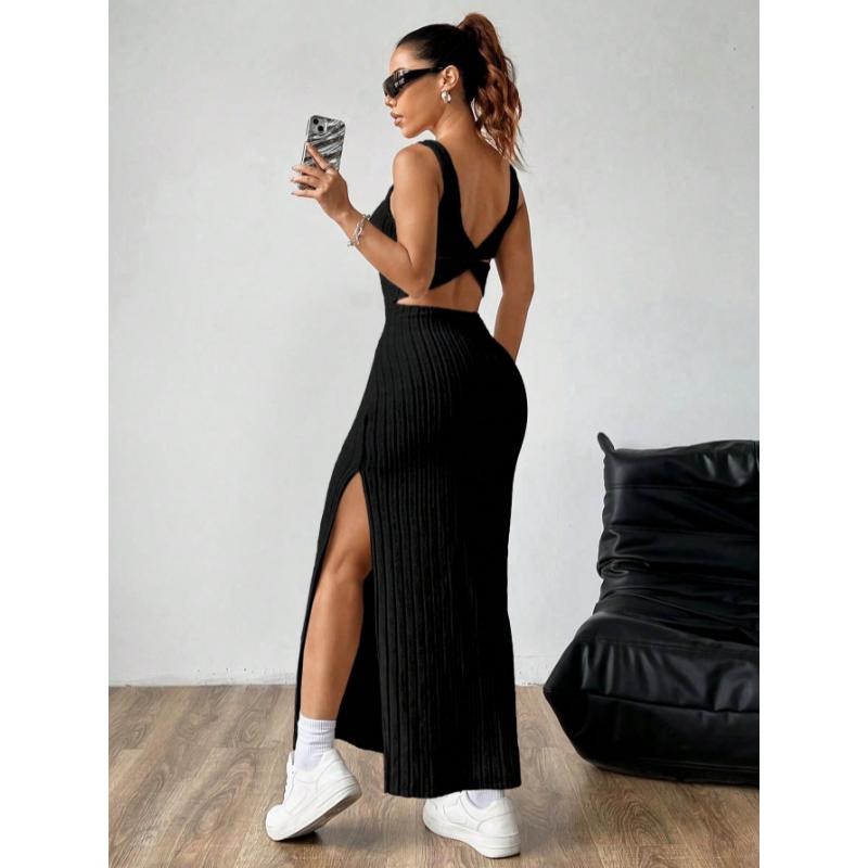 SHEIN MOOSTA Women Plain Simple Sleeveless Side Split Casual Dress Maxi Women Outfit