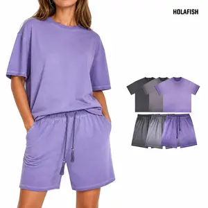 Holafish New Womens Oversized Tshirt & Shorts Set No Stretch, Heavyweight Cotton Relaxed Fit Summer Washed Dirty Washed Trendy Gradient Color Men's and Women's Suits, Short-sleeved Tops Paired with Shorts Slightly Stiff Hand Feel