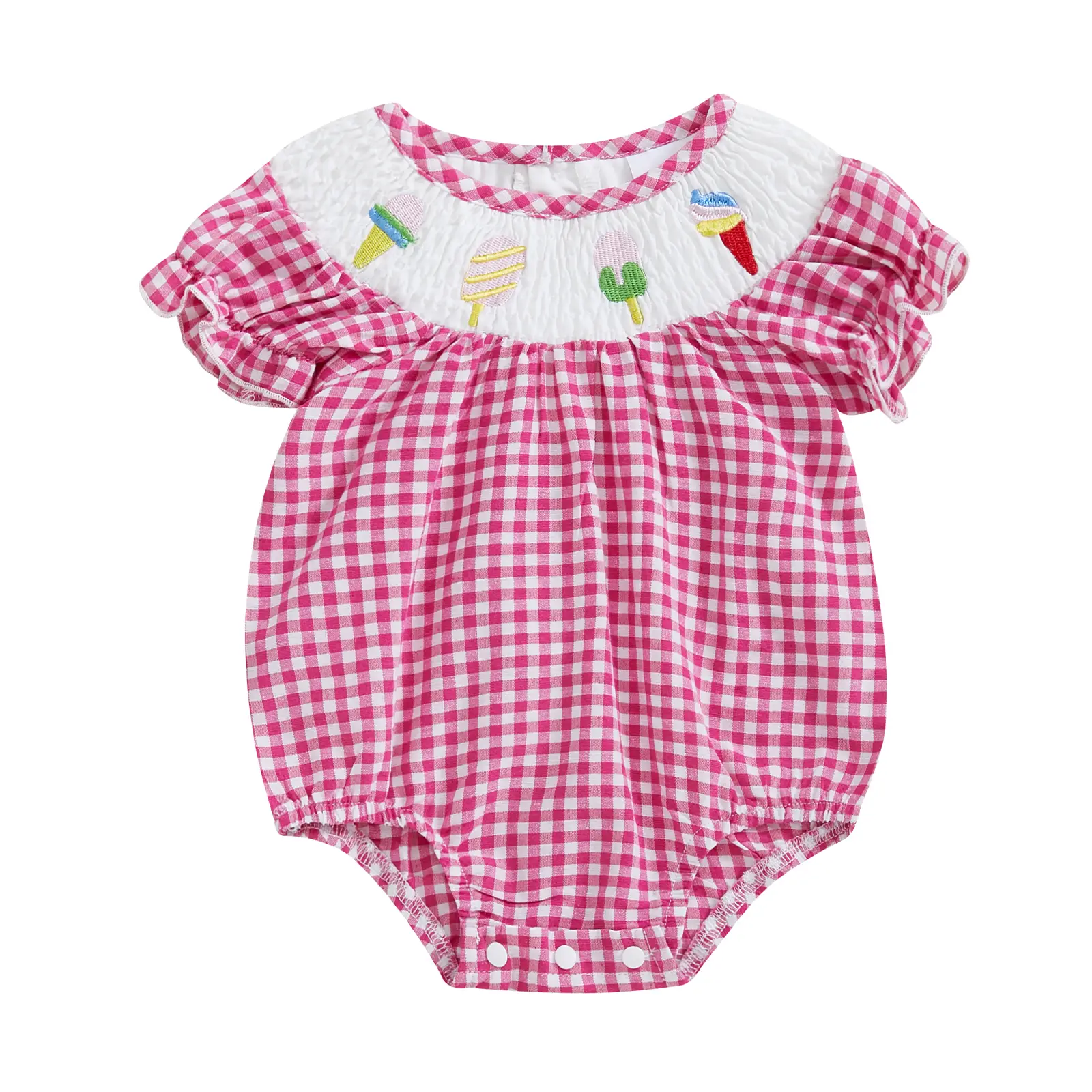 Toddler Baby Girl Plaid Smocked Romper Ice Cream Embroidery Short Puff Sleeve Onesie Bodysuit Outfits Cotton Linen Tops #Springtok
