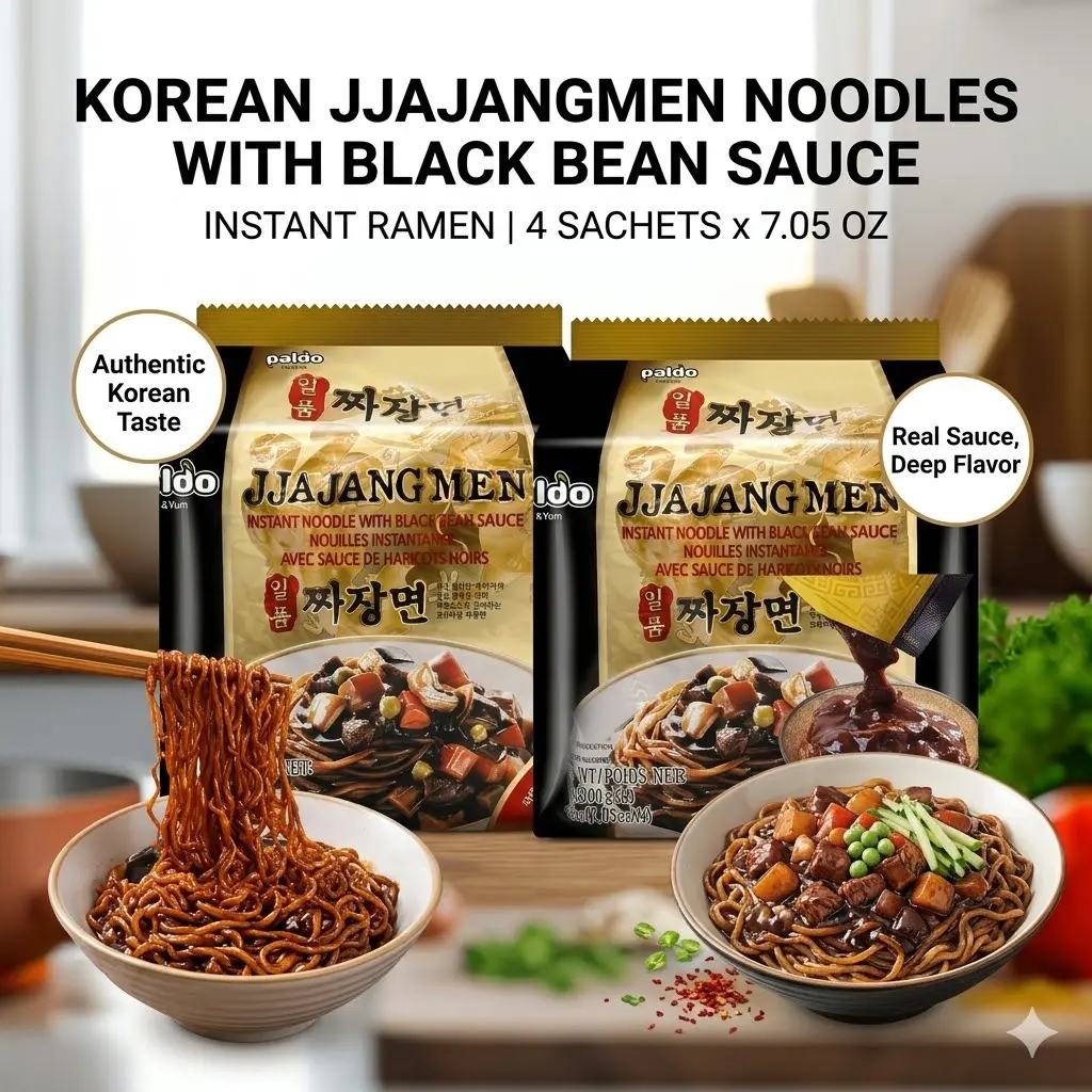2Pack Paldo Jjajangmen Korean Instant Black Bean Sauce Noodles, Authentic Rich Liquid Sauce (Not Powder), Thick & Chewy Ramen, 7.05 oz per Sachet, 4 Count each - Total 8 Servings