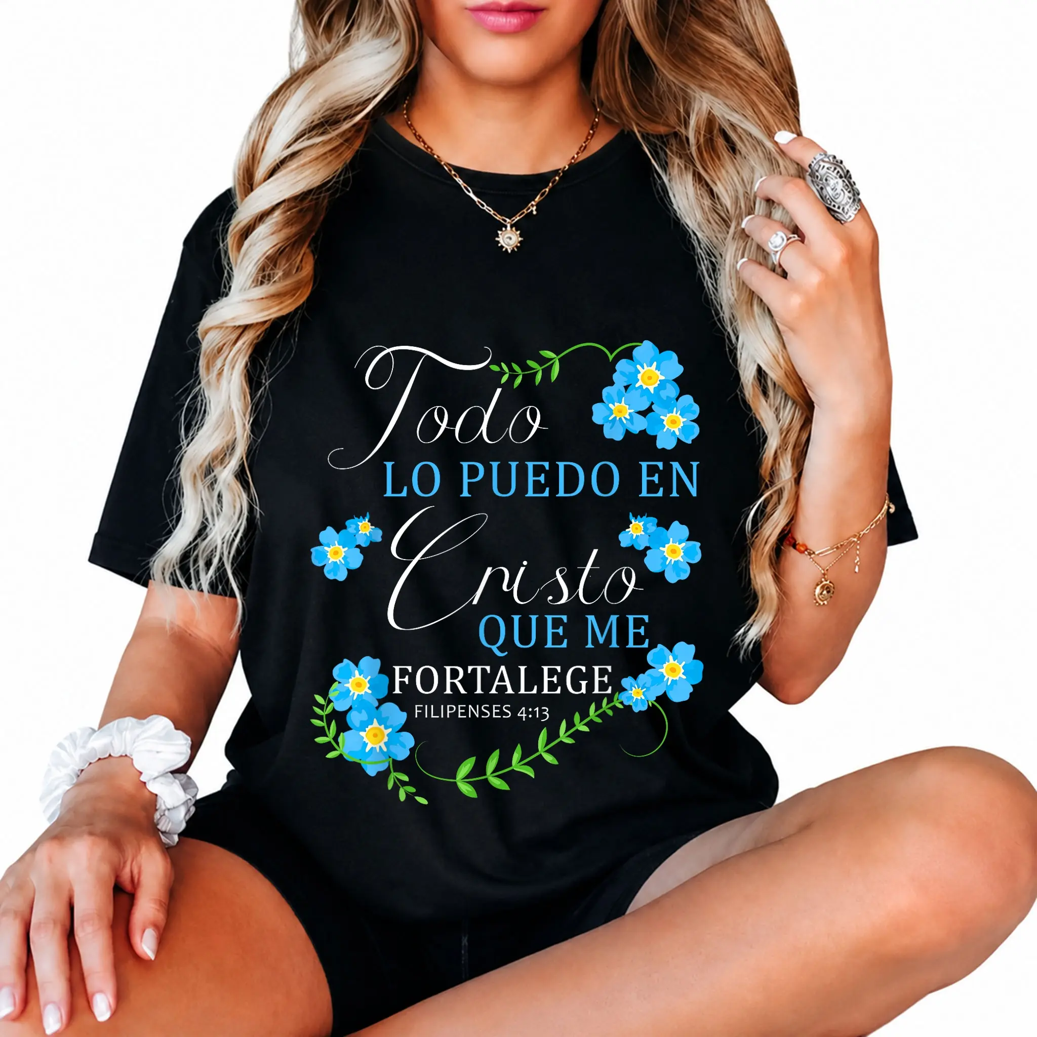 100% Cotton I can do all things through Christ Me Fortalece Christian Bible T-Shirt