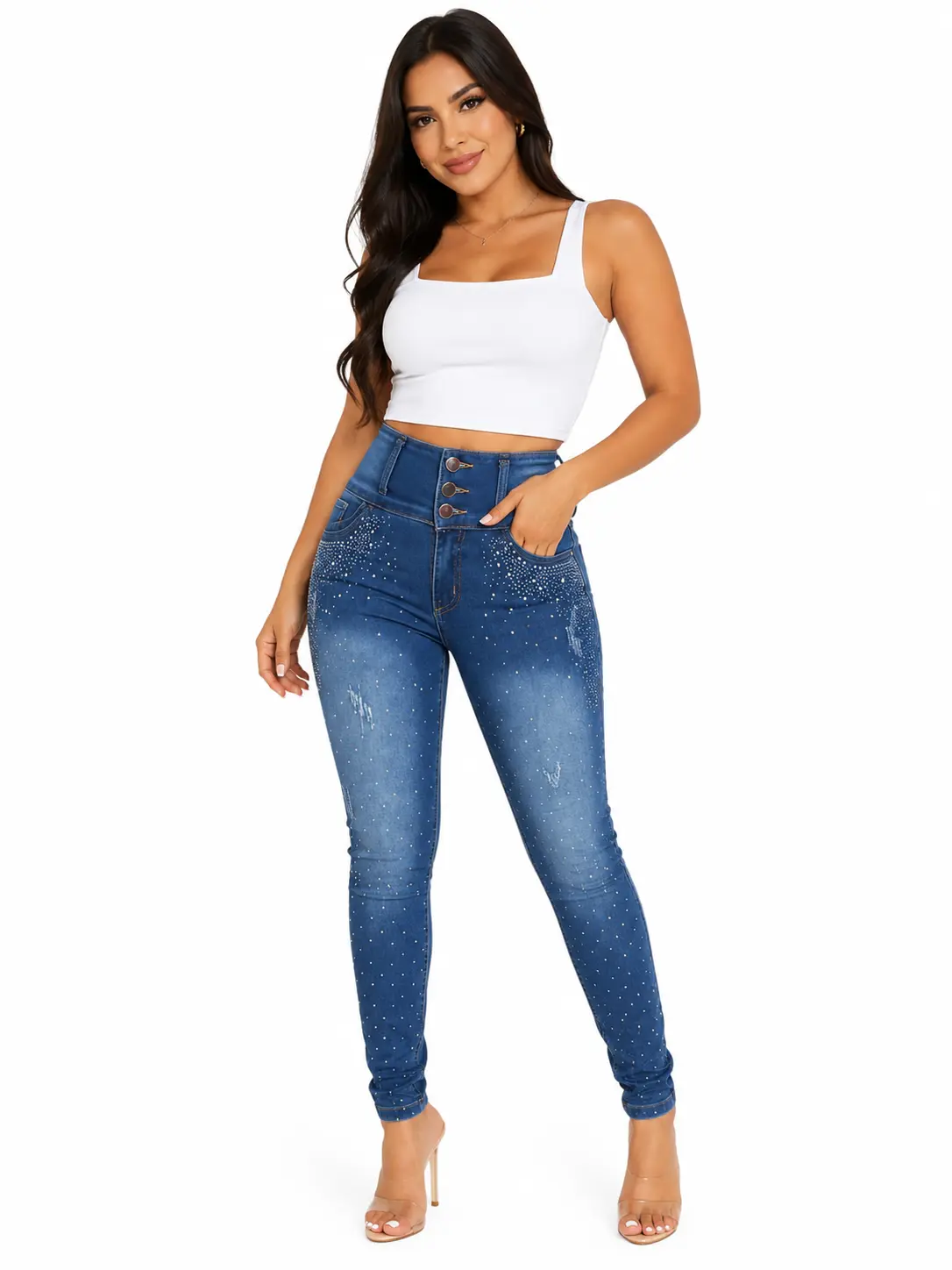 Jeans Colombian Women's High Waist Colombian Denim Push-Up Butt Lift Skinny Jeans, Rhinestone Accent Fabric Jeans | REF Goxix 002 Fit Womenswear