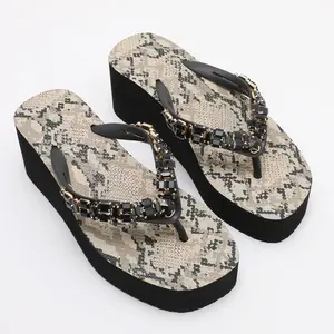 Snakeskin Print Platform Flip Flops - Women's Black Crystal Embellished Wedge 6.5cm Heel Summer Sandals