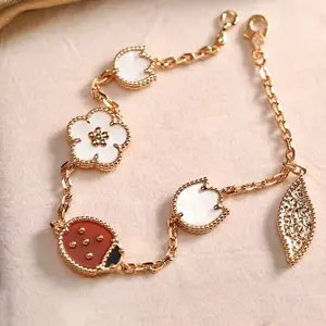 Jewelry Luxury Bracelet Fauna Series Design with Lucky Spring Plum Blossom Pendant & Red Agate Inlaid Ladybug Pendant
