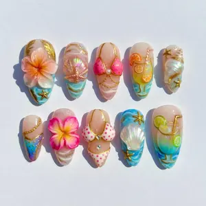 Handmade Tropical Bikini 3D Beach Press On Nails, Summer Shell Flower Cocktail Ocean Nail Art