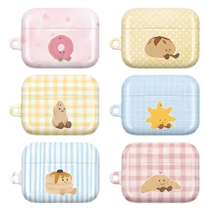 Cute Bakery AirPods Case – Pastel Gingham Dessert AirPod Cover for AirPods 4 3 2 1 & AirPods Pro 3 2 1 | Kawaii Breakfast & Pastry Cartoon Characters – Donut Pancake Croissant Snack Food Checkered Aesthetic, Foodie Gift for Her Women Girls