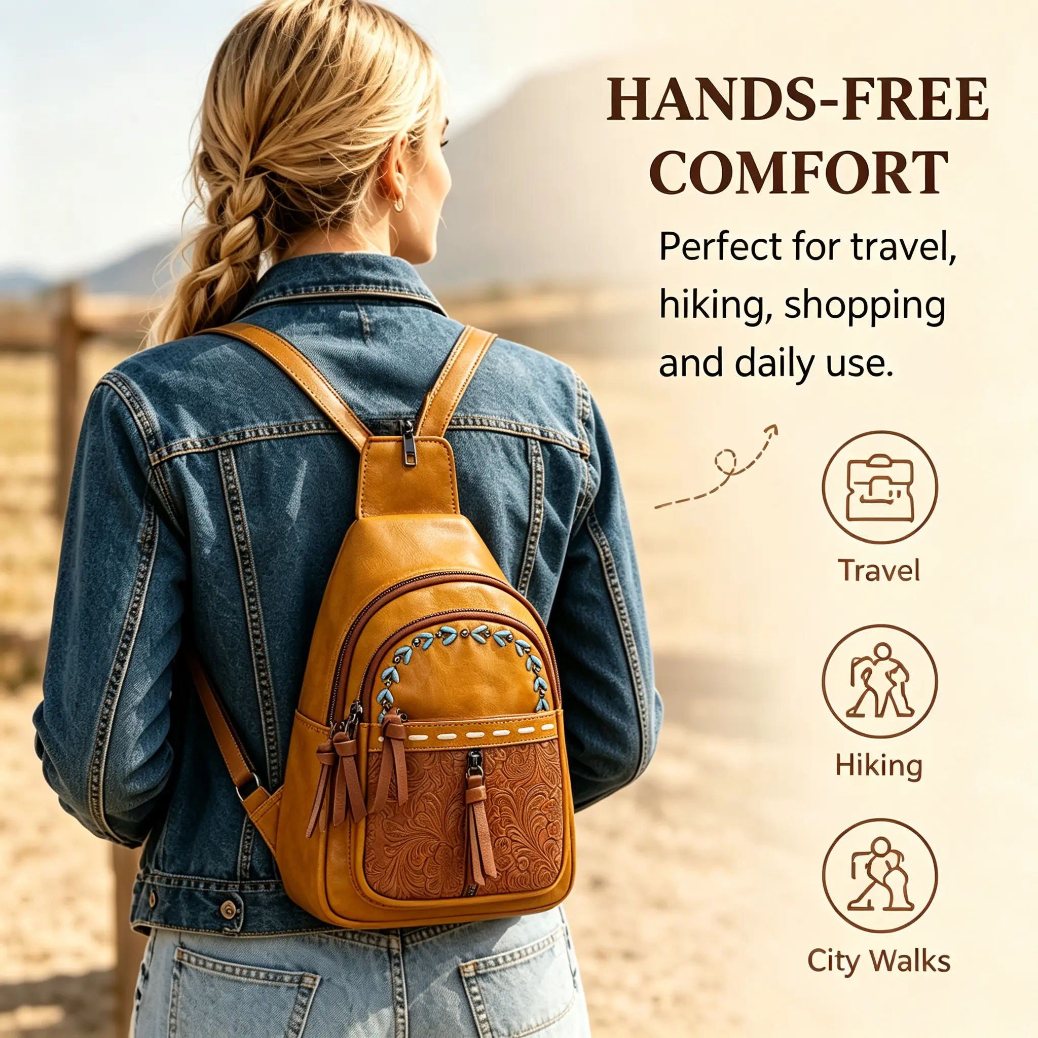2-in-1 Vintage Embossed Leather Chest Backpack, Boho Street Style Lightweight Crossbody Sling Bag for Women