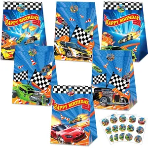 24Pcs Hot Car Birthday Party Supplies Race Car Party Favor Bags with Stickers Blue Racing Themed Paper Gift Goodie Bags Checkered Flag Race Theme Treat Candy Bag for Kids Boys Birthday Decorations