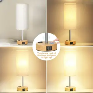 Bedside Table Lamp for Bedroom - 3 Way Dimmable Touch Lamp USB C Charging Ports and AC Outlet, Small Lamp Wood Base Round Flaxen Fabric Shade for Living Room, Desk, LED Bulb Included