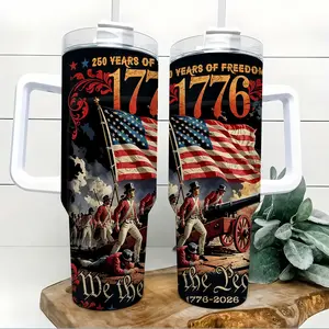 250th Anniversary USA 40oz Tumbler with Handle and Straw Patriotic American Flag 304 Stainless Steel Insulated Travel Mug Keeps Cold 24H Hot 12H Large Capacity Coffee Water Cup for Men, Dad, Gym, Car, Office